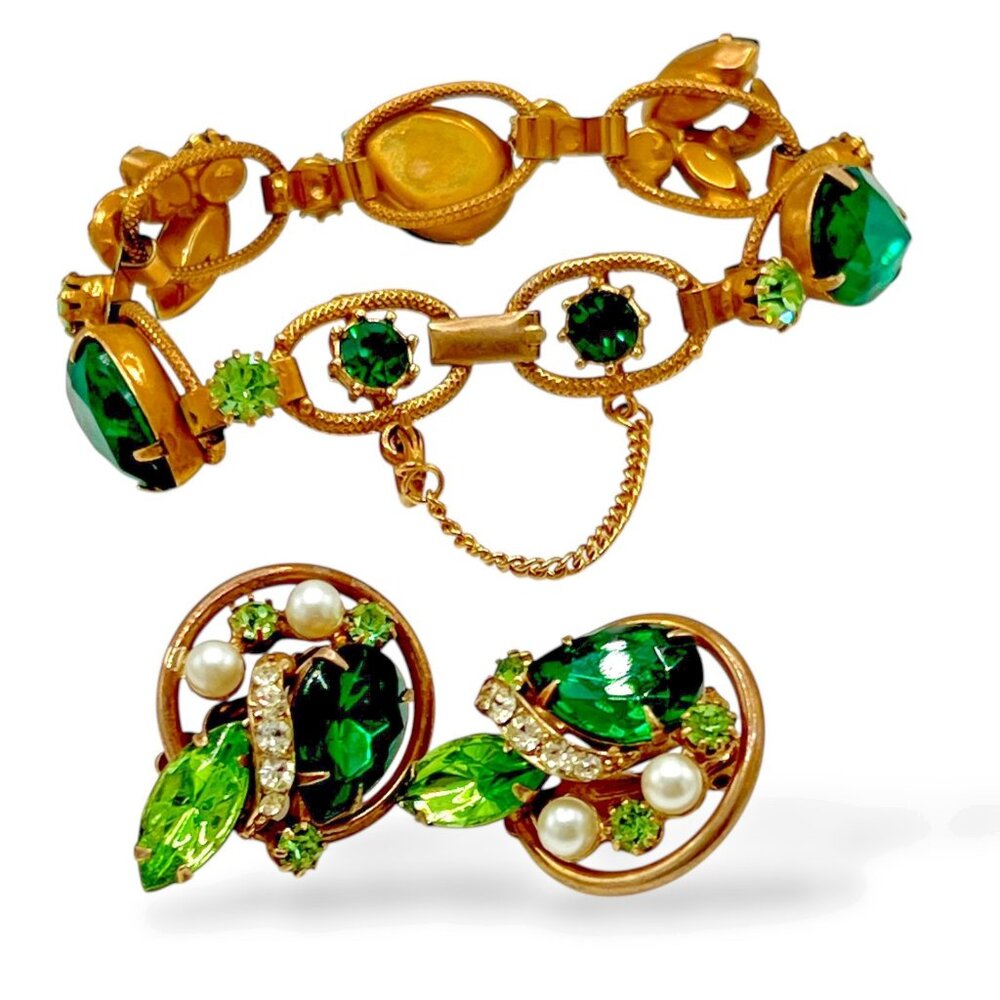 Juliana D&E Gold Light Dark Green Drop Rhinestone Cluster Bracelet Earrings Set
